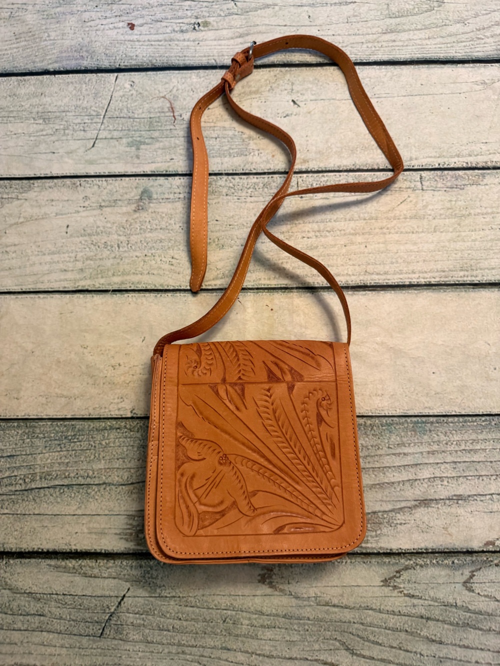 Vintage Force ten tooled tan leather purse crossbody purse. Western.